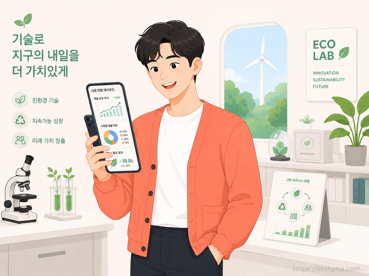 미래형 수소 발전소와 친환경 재활용 공장 연구실에서 연구원이 스마트폰 화면으로 규제자유특구 통합 전산망 공고를 확인하며 미소 짓는 일상 일러스트