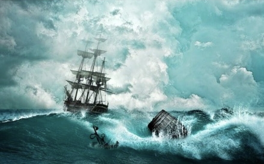 거친 파도에 배가 뒤집히려고 한다