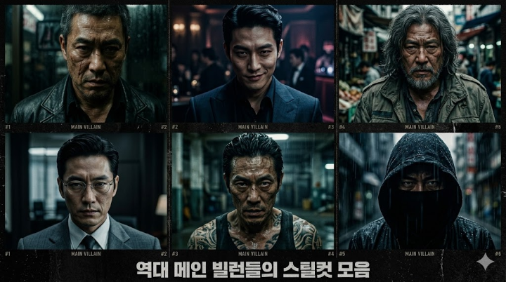 범죄도시 시리즈를 빛낸 역대 메인 빌런들의 강렬한 눈빛과 위압감을 담은 스틸컷 모음입니다