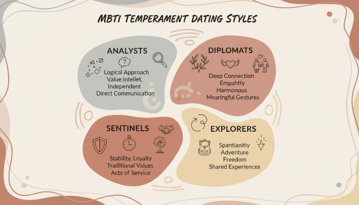 MBTI 4가지 기질별(분석가, 외교관, 관리자, 탐험가) 연애 성향을 시각적으로 표현한 일러스트