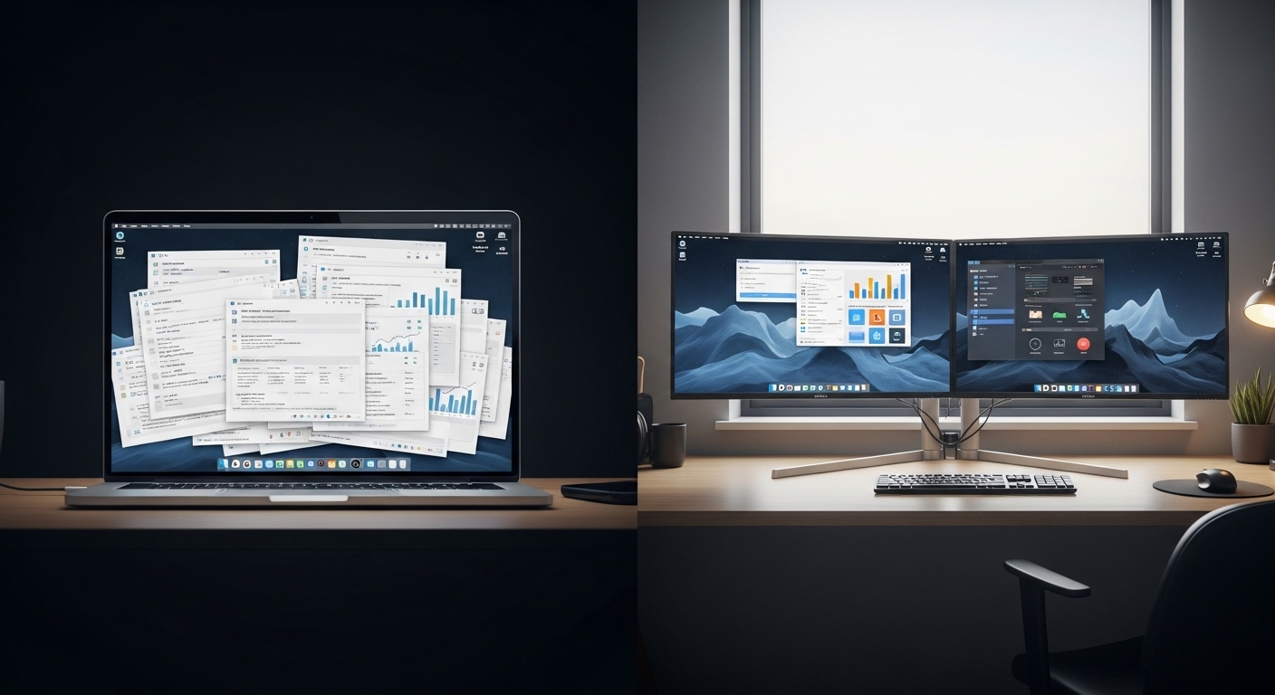 단일 노트북 화면과 여러 창을 띄운 듀얼 모니터 구성의 생산성 비교.
