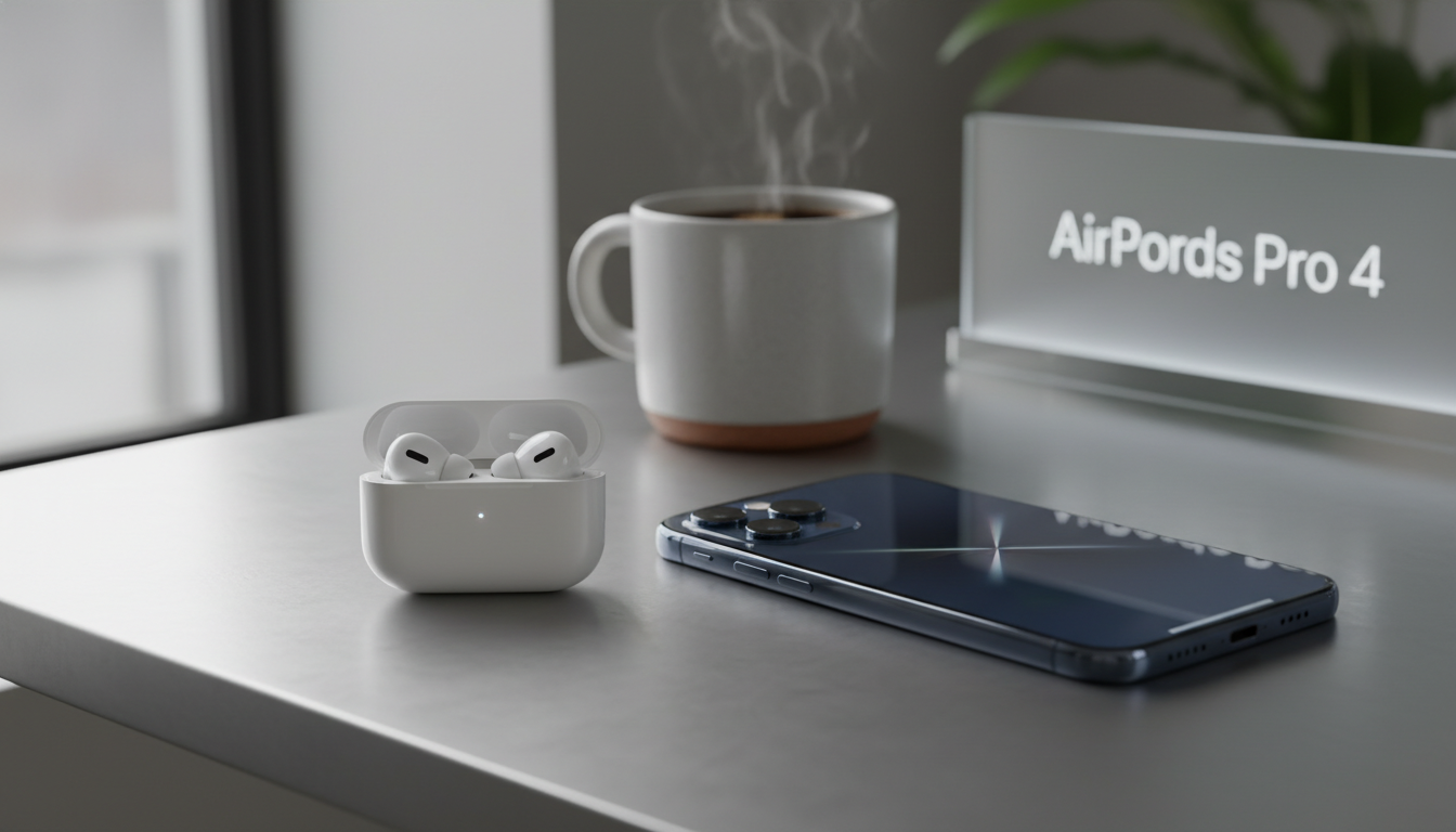 책상 위에 놓여 있는 2026년 최신형 에어팟 프로 4세대와 아이폰