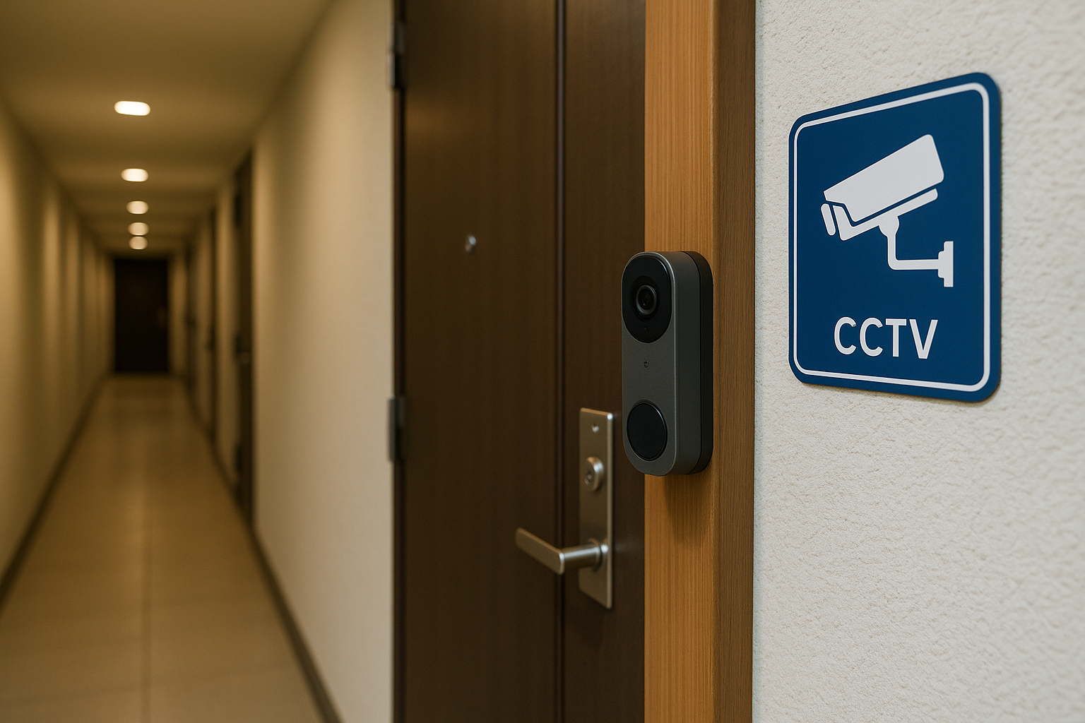 현관 도어벨 카메라와 CCTV 안내 표지판이 보이는 아파트 복도