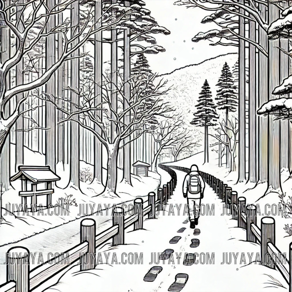 니가타 겨울 숲 속의 눈 덮인 산책로, 나무 사이로 이어진 좁은 길과 산책 중인 사람의 평온한 모습