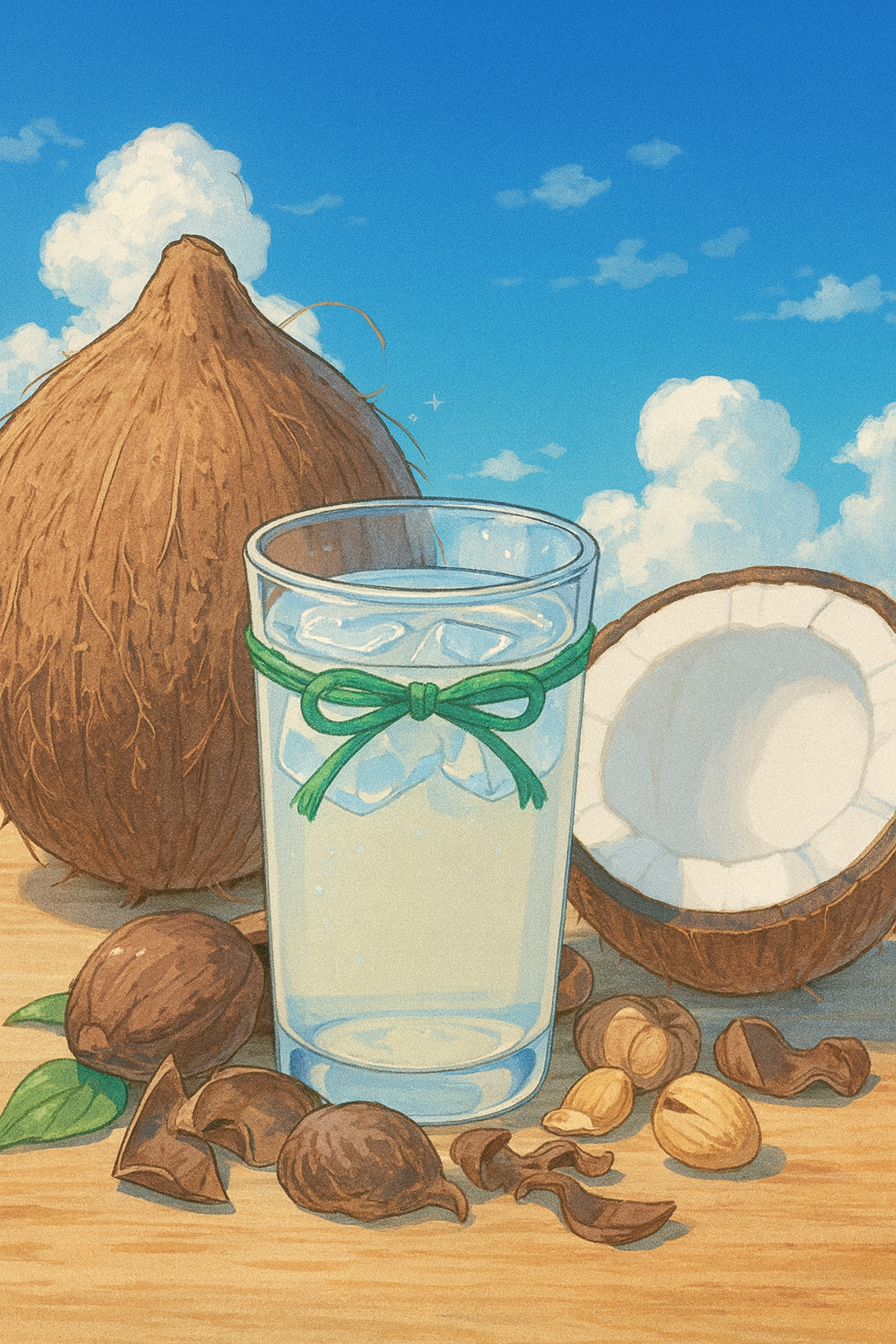 상큼한 코코넛 워터와 신선한 코코넛, 일본 애니메이션 스타일의 일러스트 &ndash; 직장인을 위한 출근, 근무, 퇴근 루틴에 활용 가능한 건강 음료