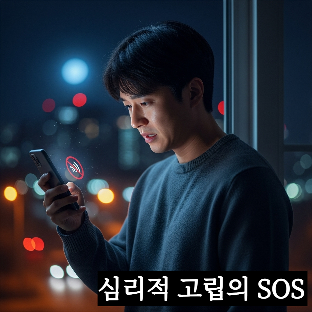 어두운 밤 창가에서 연결되지 않는 스마트폰을 들고 불안과 고립감을 느끼는 30대 한국인 남성의 초현실적인 일러스트