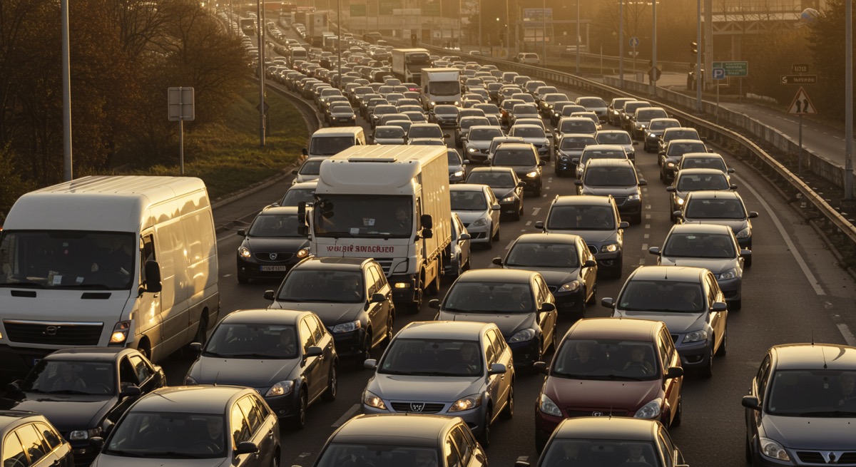 단풍철 주말, 내장산으로 향하는 도로 위를 가득 메운 자동차들로 인한 극심한 교통 정체 상황