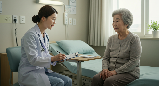 의료진이 노인 환자에게 치매와 선망의 차이를 설명하는 장면