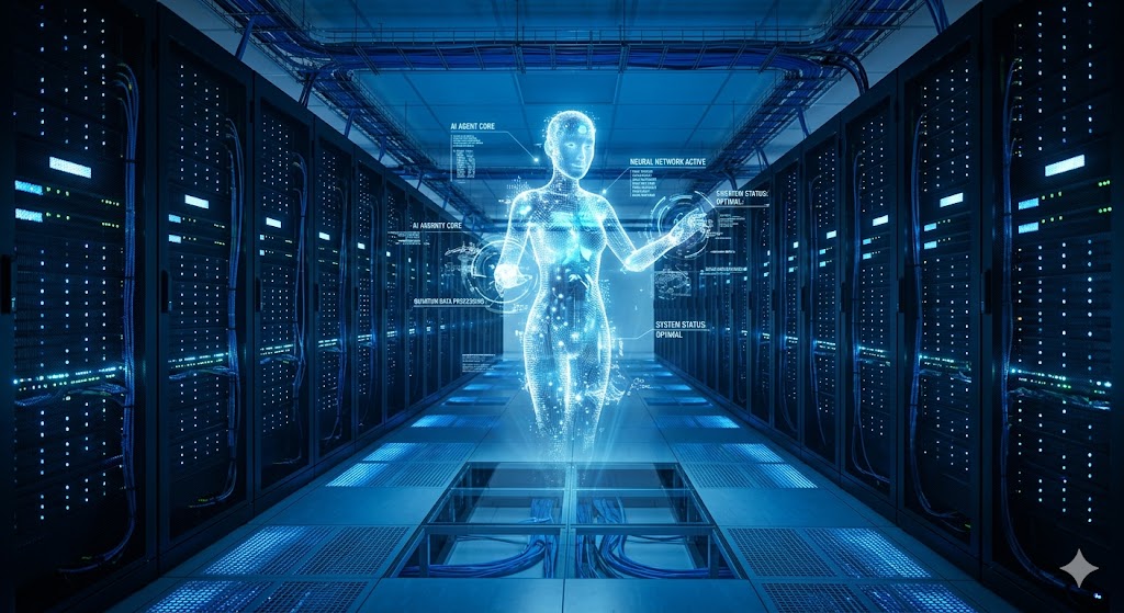 거대한 데이터센터 내부에서 푸른빛을 내며 돌아가는 서버 랙(Rack)과 AI 에이전트를 형상화한 홀로그램 이미지