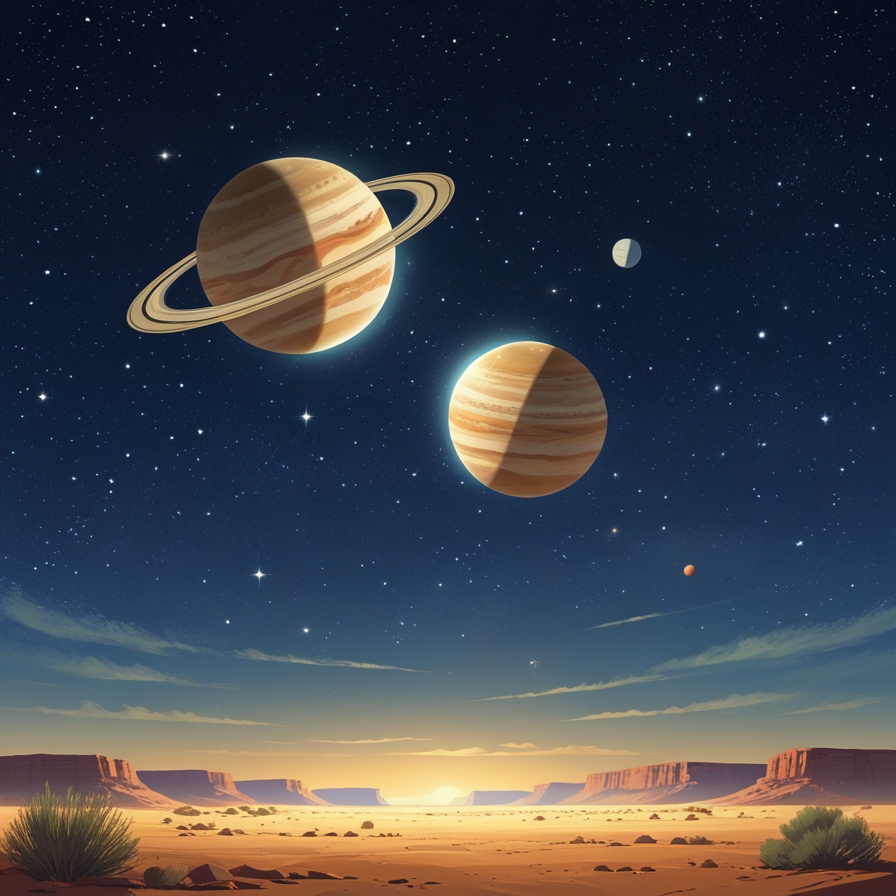 고대 하늘에서 두 행성이 매우 가까이 보이는 현상을 통해 베들레헴의 별 가설 중 하나인 행성 정렬을 표현한 이미지