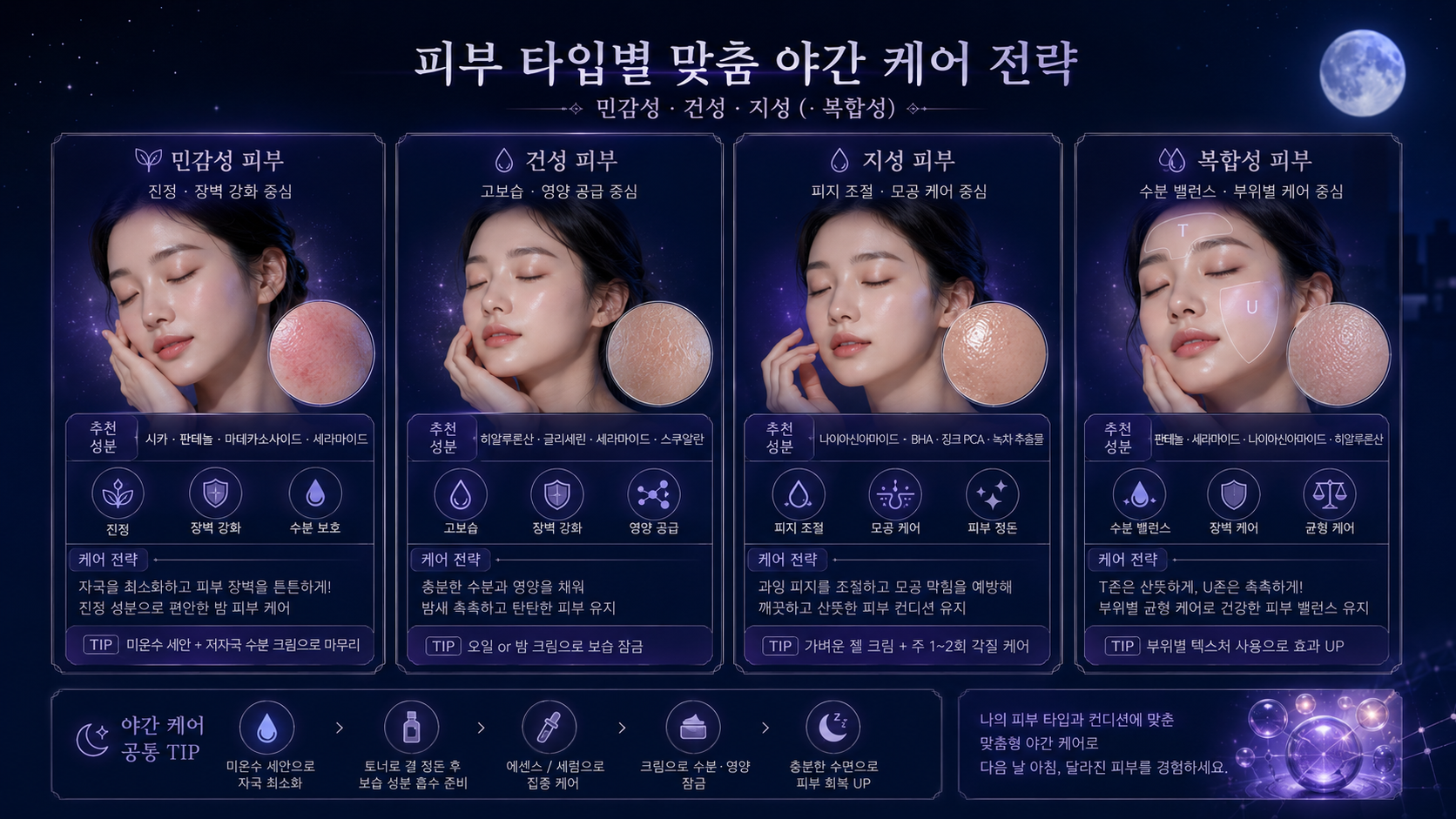 민감성, 건성, 지성, 복합성 피부 타입별로 맞춤 야간 케어 전략과 추천 성분을 정리한 나이트 스킨케어 이미지