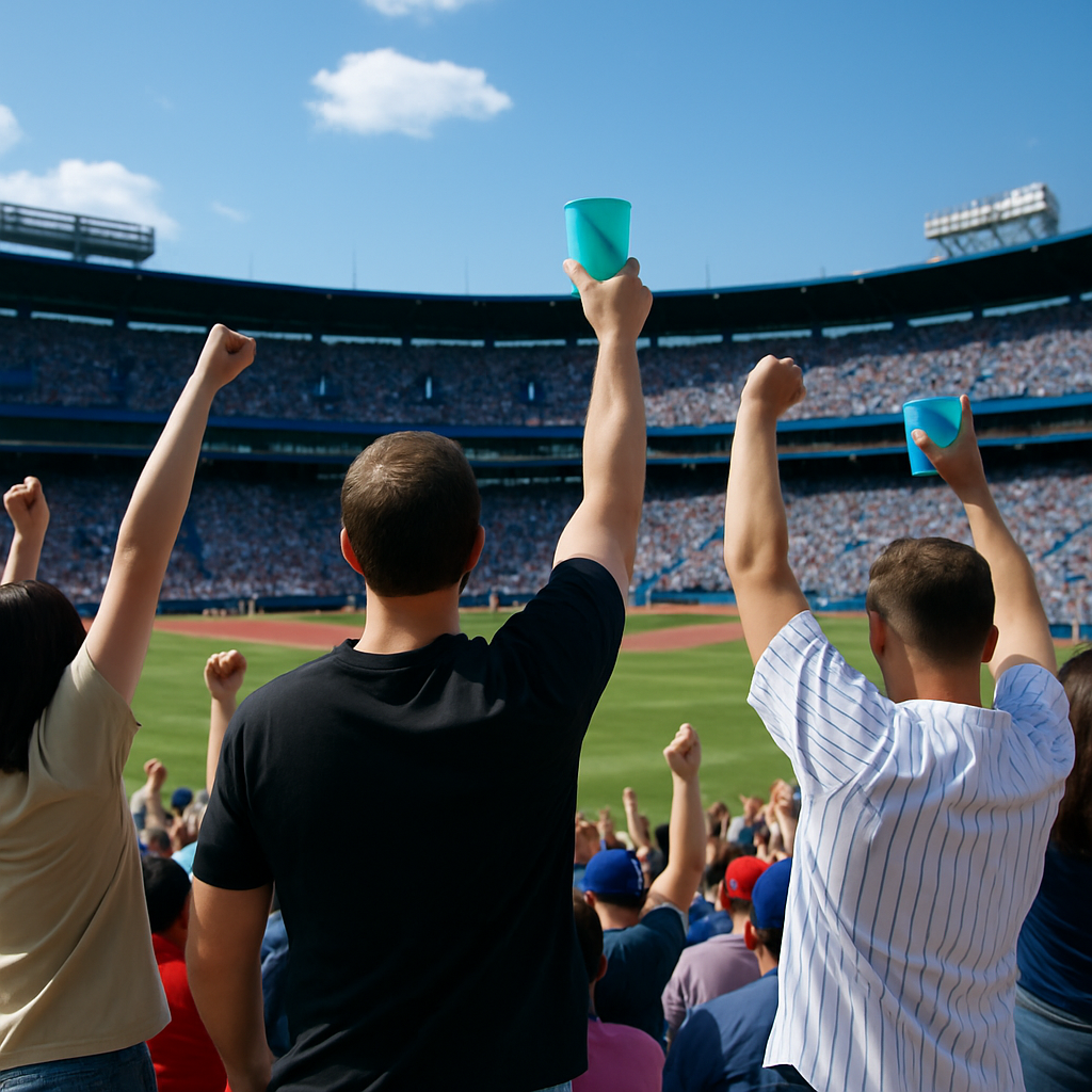 야구경기장에서 다회용컵을 들고 응원하는 모습