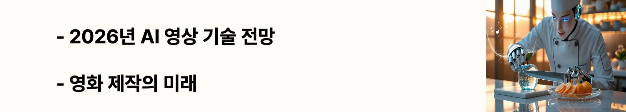 2026년 AI 영상 기술 전망'과 '영화 제작의 미래'라는 문구가 포함된 웹배너 이미지. 이 이미지는 2026년 AI 영상 기술의 발전 전망과 영화 제작 산업의 변화를 시각적으로 전달하며, 블로그의 AI 기술 미래 예측과 관련된 내용을 설명함 (AI video technology 2026 future movie production)