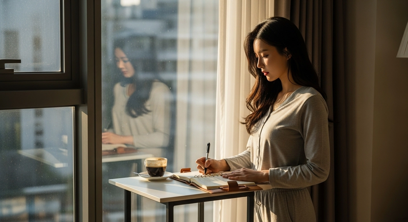 이른 아침 하루의 계획을 적는 사람 이미지