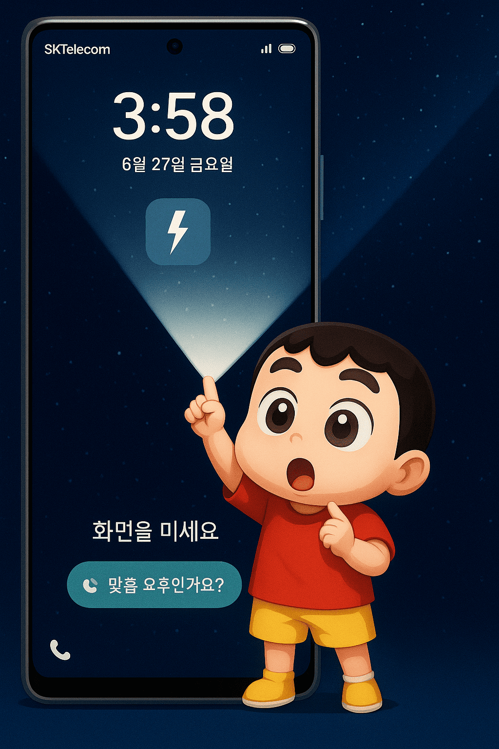 공유하기
갤럭시-스마트폰-화면에서-손전등-아이콘이-밝은-빛을-쏘아올리고-있고-화면-앞에는-눈을-크게-뜨고-놀란-표정으로-스마트폰을-가리키는-빨간-티셔츠와-노란-반바지를-입은-귀여운-캐릭터가-서있으며-배경은-별이-총총한-어두운-밤하늘로-연출된-애니메이션-스타일의-일러스트