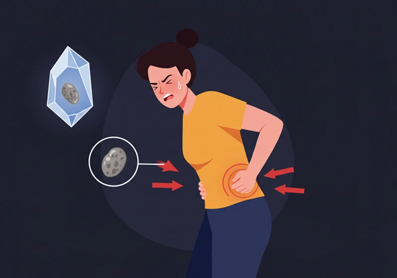 극심한 옆구리 통증 요로결석 칼로 찌르는 듯한 통증 등 사타구니 통증 플랫 디자인 결정체 아이고 아이쿠