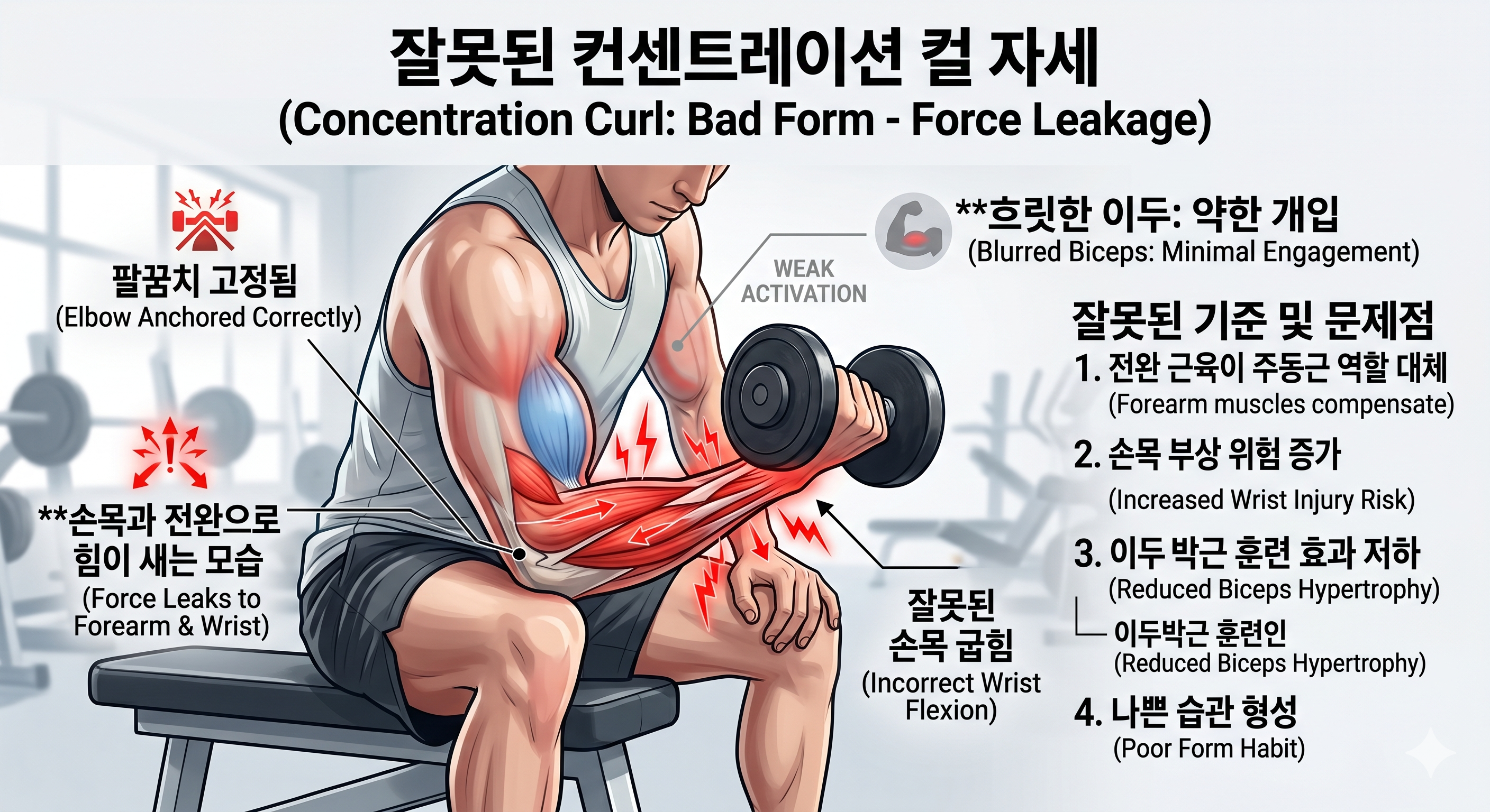 잘못된 컨센트레이션 컬 자세