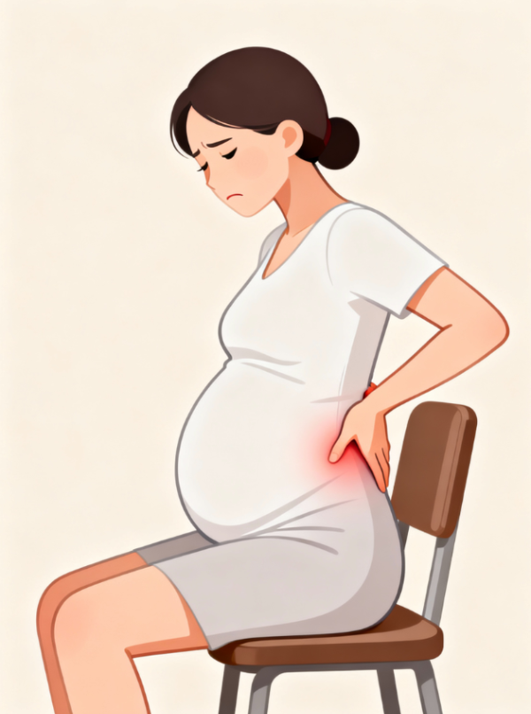 임신 후기 골반통으로 고통받는 임산부가 의자에 앉아 허리를 짚고 있는 모습