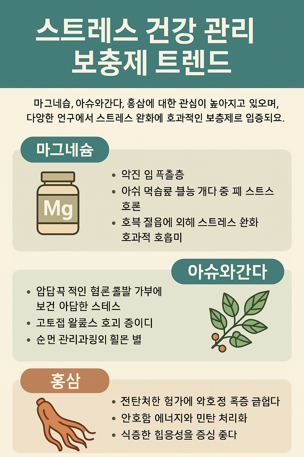 스트레스 관리에 필요한 영양 보충제 (마그네슘, 아슈와간다, 홍삼)