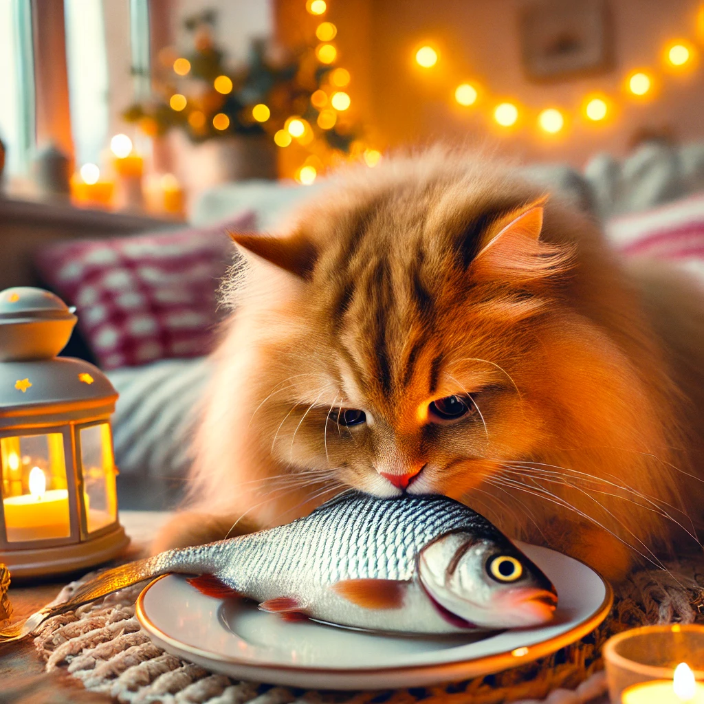 접시에 있는 생선을 먹으려는 고양이