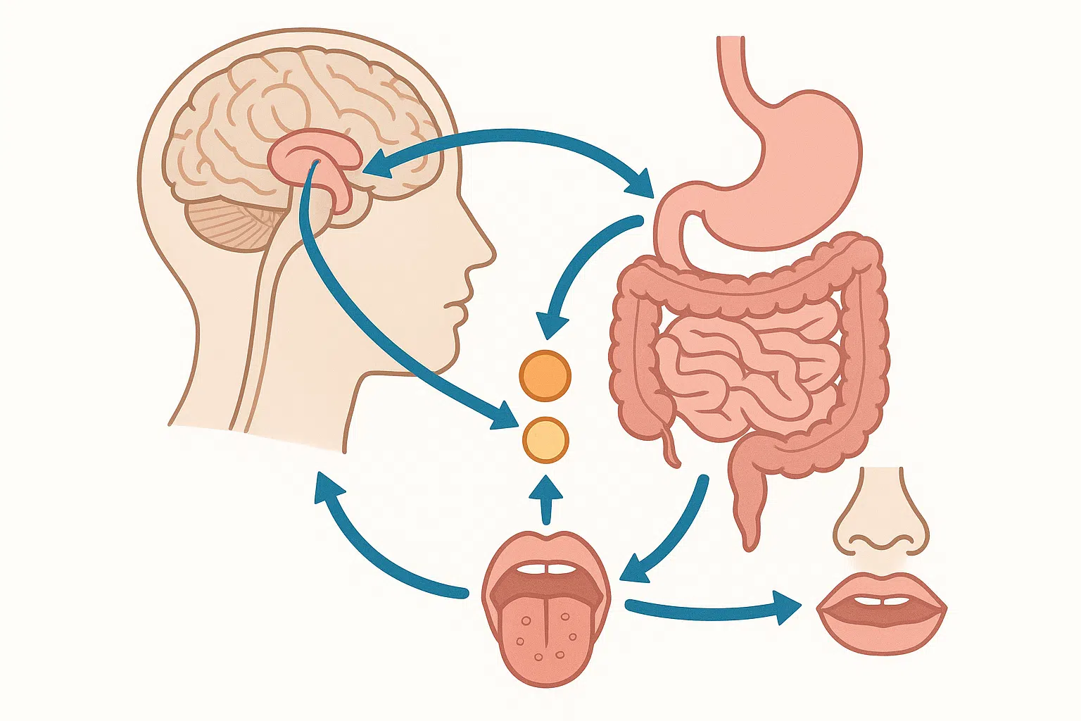 뇌 시상하부와 위장관, 호르몬, 미각·후각 수용체를 연결하는 식욕 조절 회로