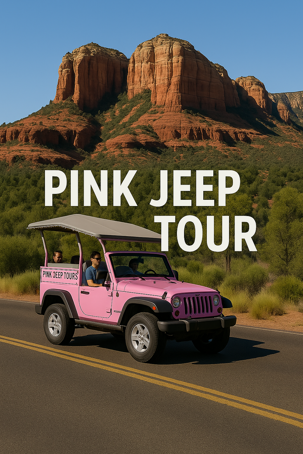 세도나의 붉은 바위를 배경으로 달리는 핑크 지프 투어 차량 이미지