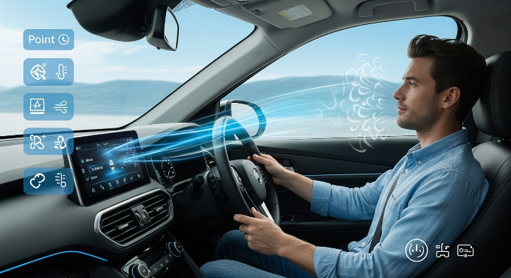 운전자가 차량에 앉아 에어컨을 작동시키고 있으며, 열린 운전석 창문을 통해 내부의 뜨거운 공기가 빠져나가는 장면. 시원한 바람 흐름이 시각적으로 표현됨.