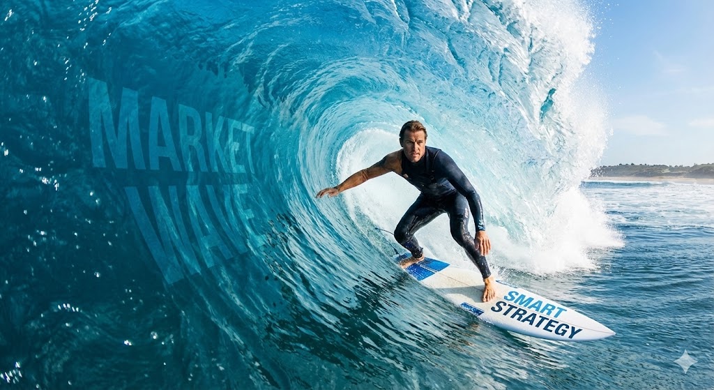 거대한 파도(2026년 시장) 위를 여유롭게 타고 있는 서퍼의 모습. 서핑 보드에는 'Smart Strategy'라고 적혀 있다.