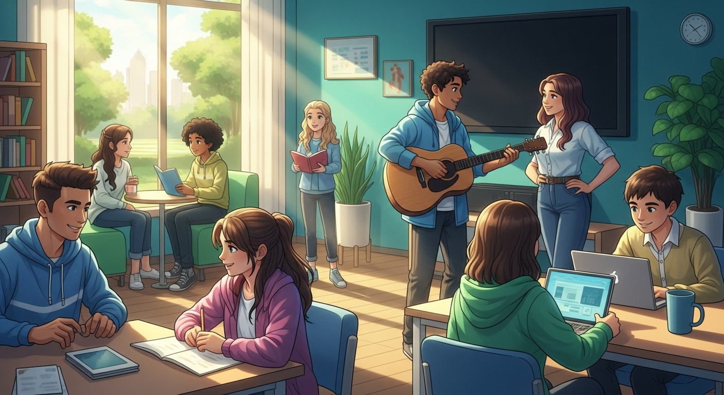 2025년 11월 18일, 청소년 복지 정책 개정으로 인해 희망찬 모습으로 함께 배우고 소통하는 다양한 청소년들