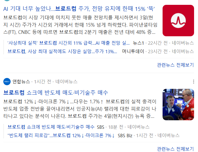 브로드컴 쇼크를 다루는 신문기사 캡쳐