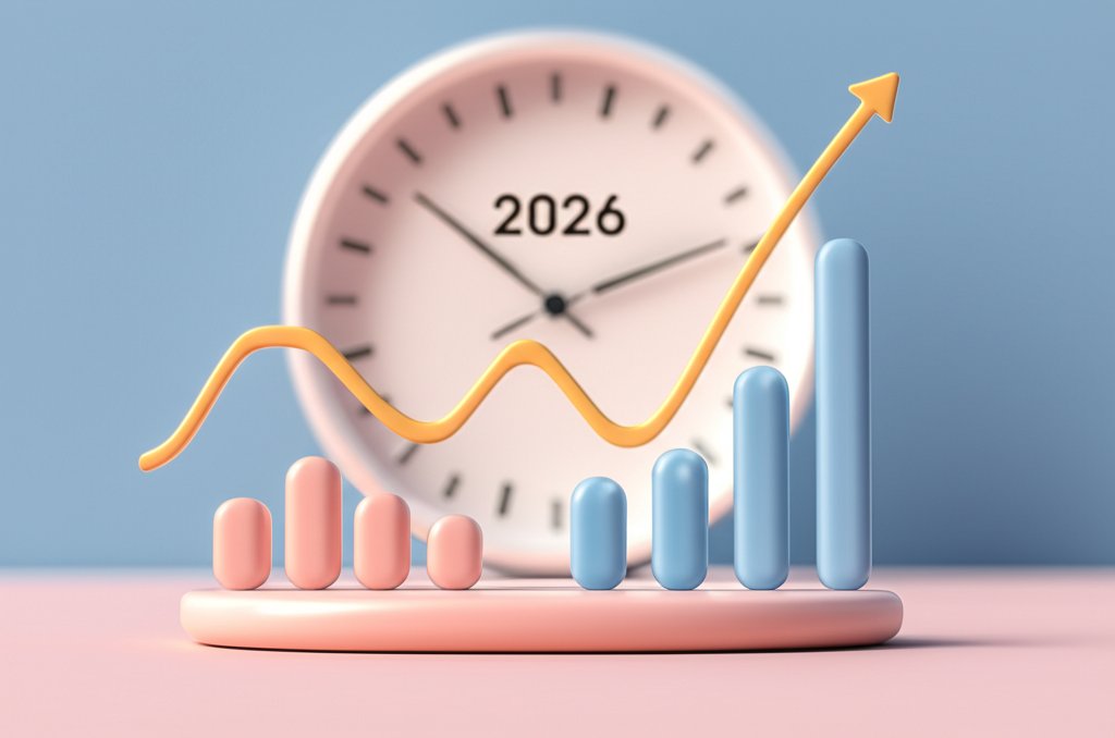 코스피와 코인의 변동성을 나타내는 3D 그래프와 2026년 시계, 소프트 3D 일러스트