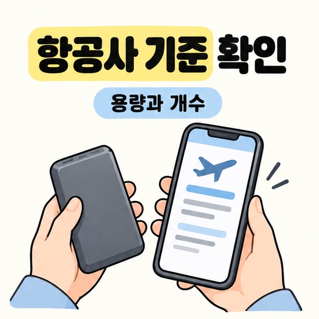 보조배터리를 들고 휴대전화의 항공 안내에서 용량과 개수 기준을 확인하는 모습