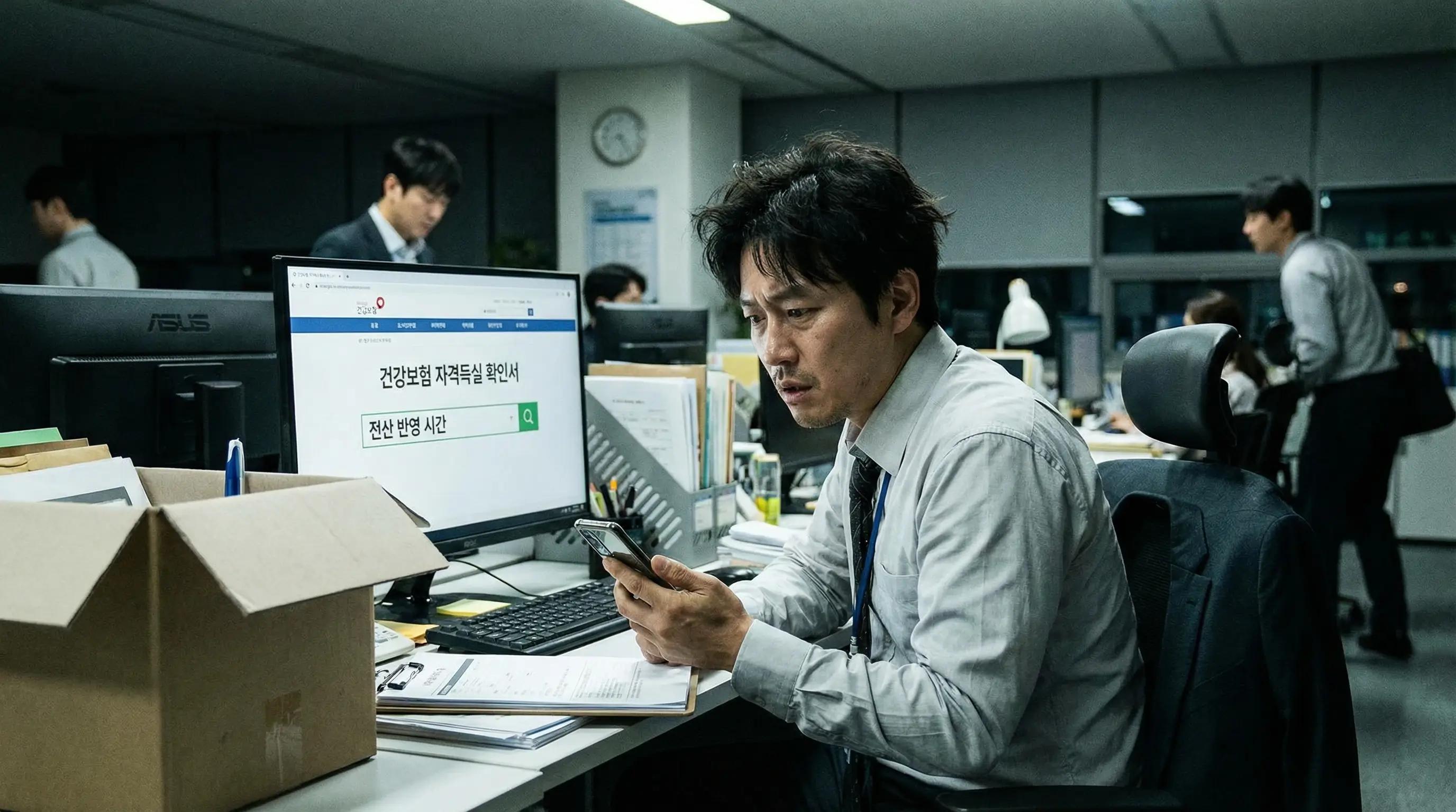퇴사를 앞둔 직장인이 대출 거절을 막기 위해 건강보험 자격 득실 확인서 전산 반영 시간을 확인하는 모습