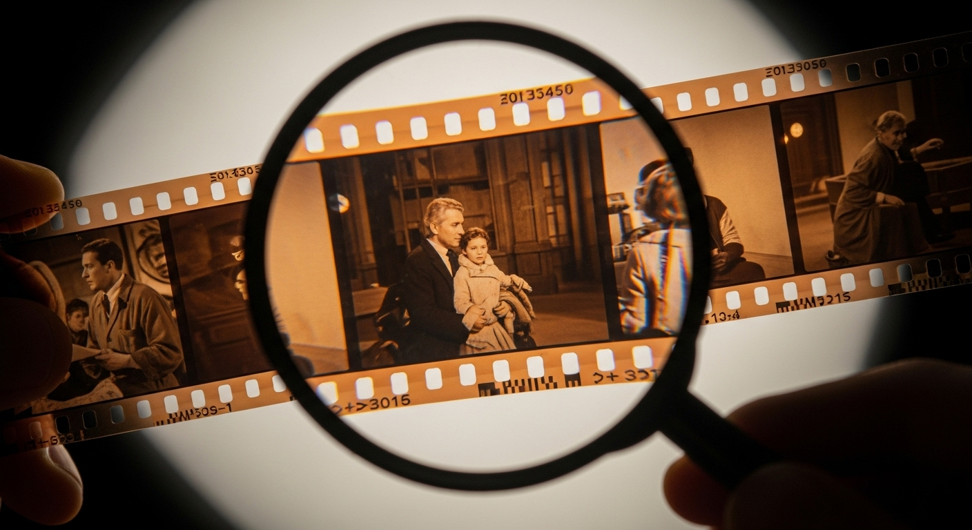 영화 필름 스트립을 돋보기로 자세히 들여다보는 이미지