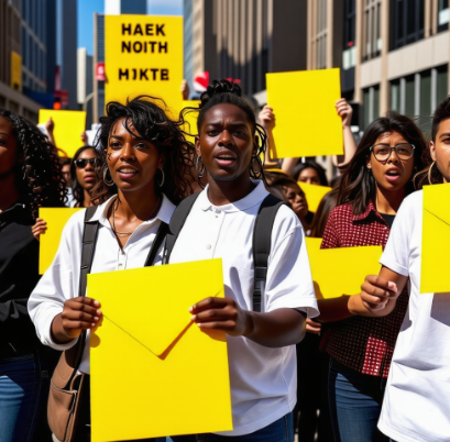 노란색 편지봉투를 들고 시위하는 동양인들