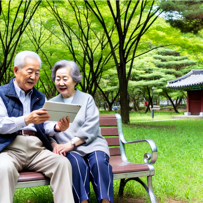 공원에서 은퇴계획을 세우는 노년 부부의 모습