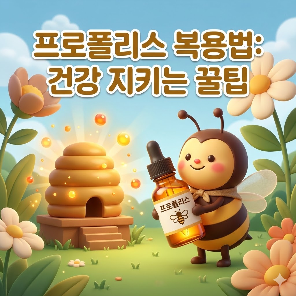 웃는 벌 캐릭터가 프로폴리스 병을 들고 있는 귀여운 3D 카툰 일러스트. '프로폴리스 복용법: 건강 지키는 꿀팁' 문구가 있어 효능과 섭취 방법을 강조합니다.