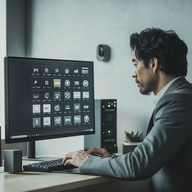 최신 S&P500 실적발표를 기반으로 미국주식 및 AI ETF 로고가 함께 보이는 포트폴리오를 모니터로 분석하는 개인 투자자 모습으로, ETF 분석, 수익률 비교, 혁신 테마, 투자전략, 포트폴리오 구성 등의 금융 관련 키워드가 자연스럽게 반영된 장면