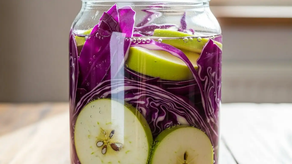 양배추, 사과, 식초를 넣은 '양배추 사과 초절임'이 병에 들어 있는 모습