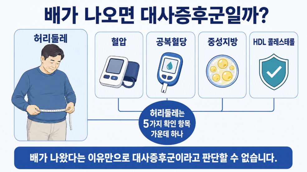 허리둘레는 대사증후군을 확인하는 여러 항목 가운데 하나이며 다른 건강검진 결과도 함께 본다는 설명
