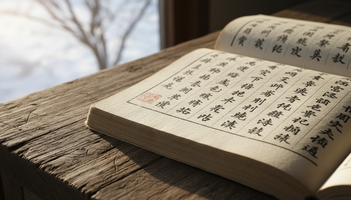 나무 책상 위에 펼쳐진 한국의 전통 족보 책과 따스한 겨울 햇살