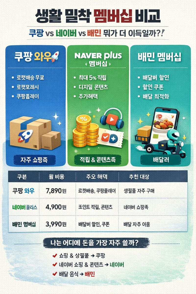 생활밀착멤버십 비교(쿠팡, 네이버, 배민)