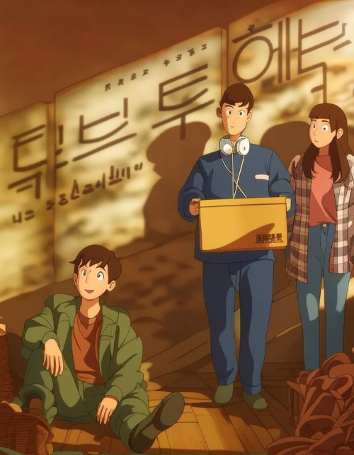 무브 투 헤븐 속 3명의 캐릭터중 서있는 두명의 캐릭터와 앉아있는 1명의 캐릭터