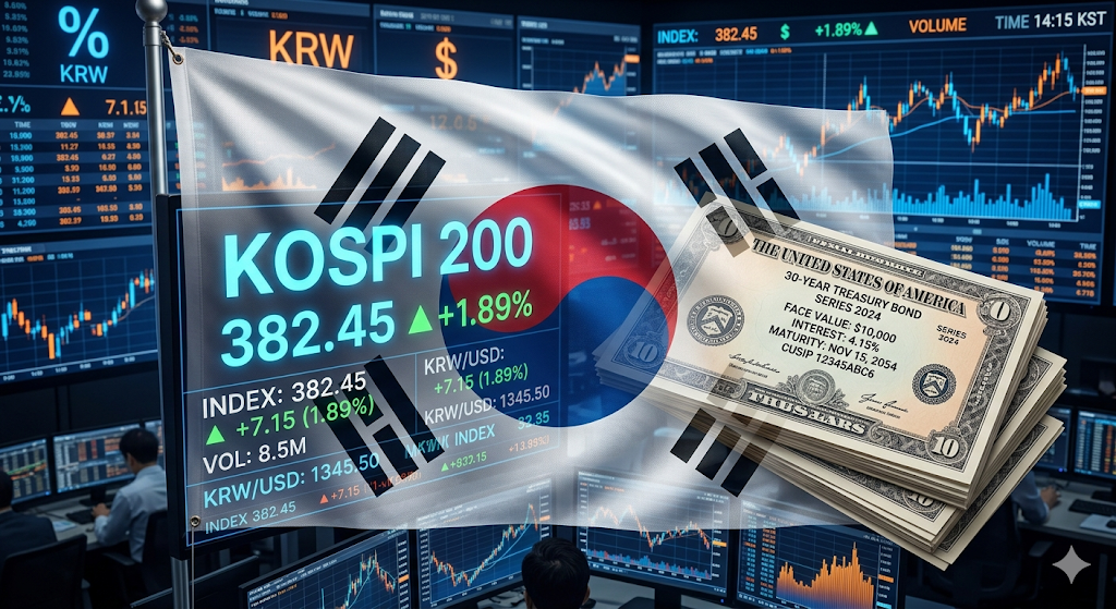 삼성전자, 현대차 로고가 보이는 KOSPI 200 차트와 미국 국채 이미지가 조화롭게 배치된 이미지