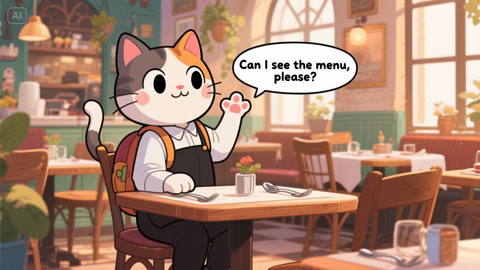 귀여운 고양이 캐릭터가 식당에서 메뉴판을 요청하며 Can I see the menu, please? 라고 말하는 웹툰 장면