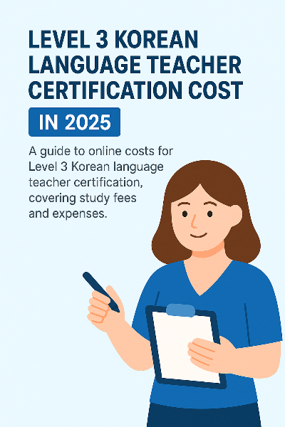 2025년 온라인 과정으로 한국어 교원 자격증 3급을 준비할 때 예상되는 전체 비용과 주요 경비 항목을 요약한 인포그래픽으로, 수업료 외에 기타 관련 지출까지 포함되어 있으며 친근한 캐릭터와 클립보드를 활용해 비용 항목을 쉽게 이해할 수 있도록 디자인되었다.