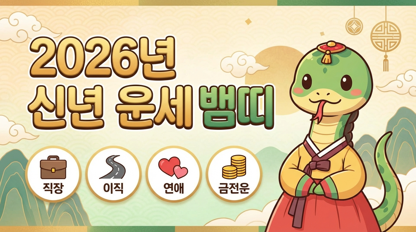 2026년 병오년 뱀띠 신년운세 완벽 분석! 직장운·이직운·연애운·금전운 월별 상세 가이드. 77년생, 89년생, 01년생 나이별 운세와 행운색·행운숫자·황금시기까지. 4~9월 황금구간 활용법, 10월 주의시점 대비법 총정리