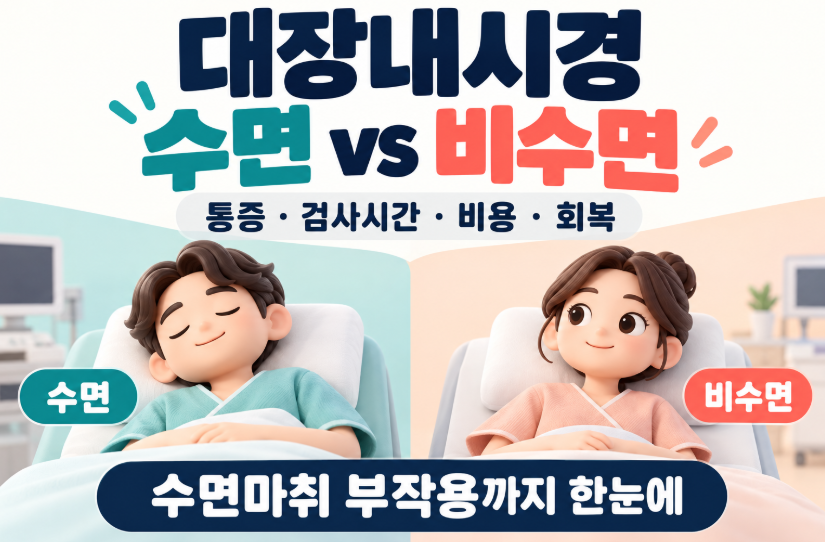 대장내시경 수면 vs 비수면 차이 총정리｜통증&middot;검사시간&middot;비용&middot;회복시간&middot;수면마취 부작용