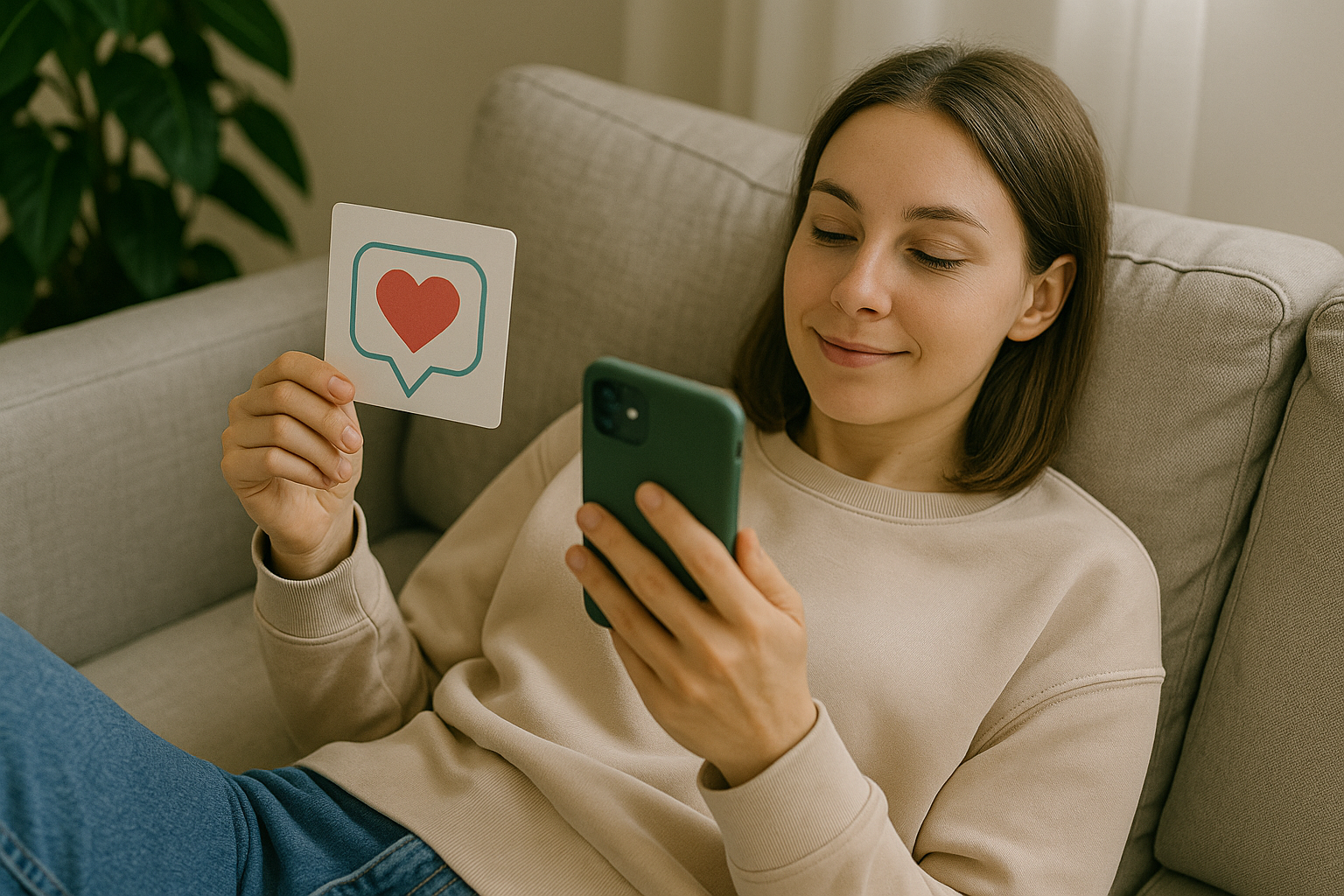 편안한 소파에서 스마트폰을 든 여성