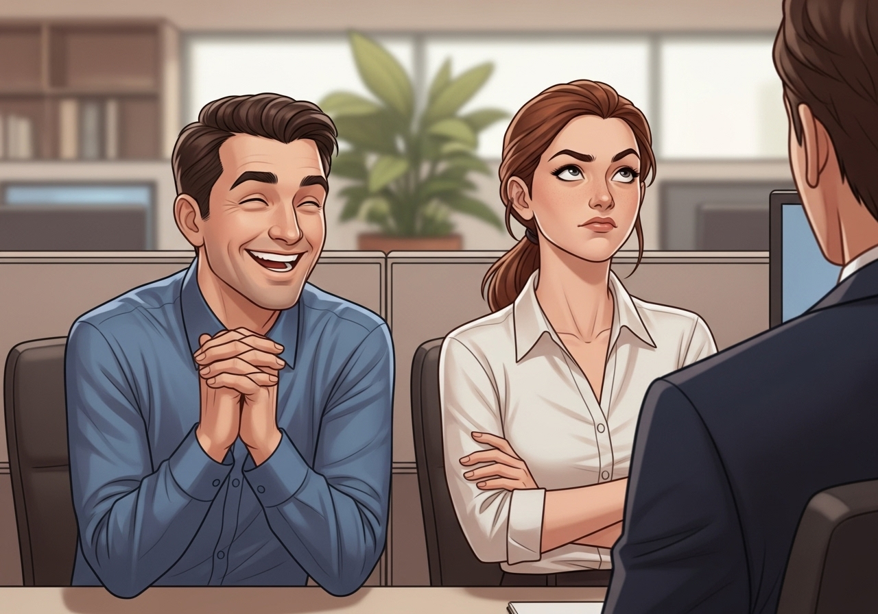 보스 앞에서 알랑방구 끼는 남자와 못마땅한 여성 일러스트